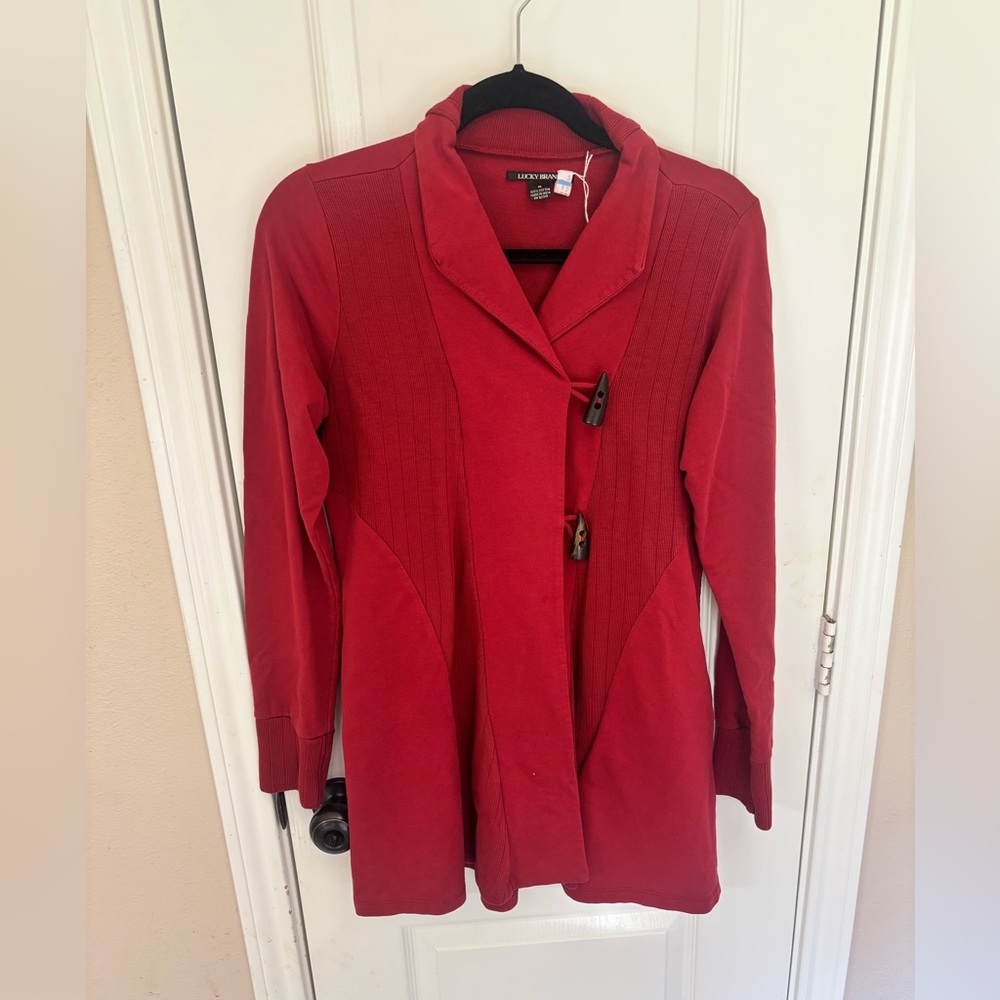 Lucky Brand Crimson Red Hook & Loop Front Cardigan Size Medium 100% Cotton